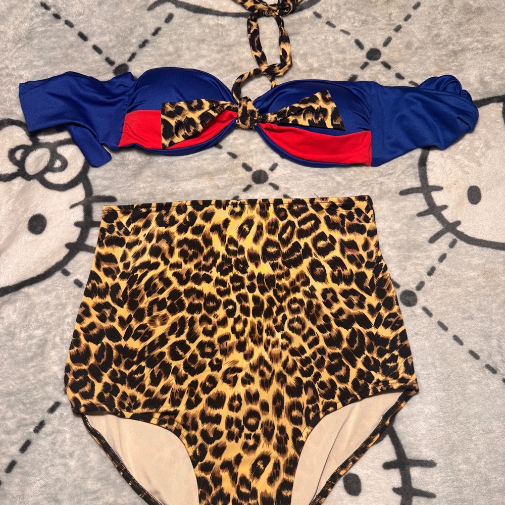 Retro Pin Up High Waisted Bikini Set - Leopard Print Bottom + Blue & Red Top